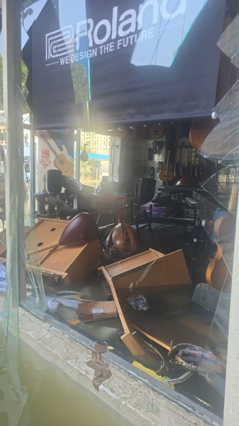 Damage at Al Fan Al Raqi musical instrument shop in Al Khan, owned by Wagdy Wadee. Photo: Wagdy Wadee