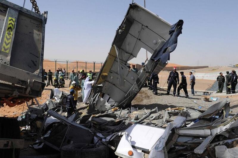 Nineteen Bangladeshi maintenance workers were among the 21 people killed in Al Ain on February 4, 2013, when a lorry hit a bus in the country’s deadliest road crash. Courtesy Al Ain Police