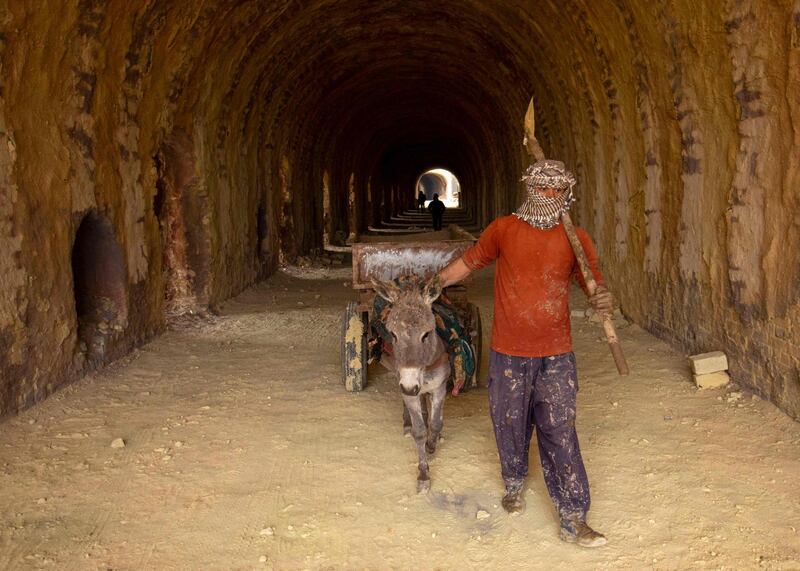 A worker transports mud in a donkey cart to seal brickmaking kilns.  AFP