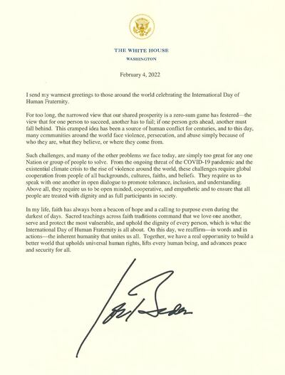 US President Joe Biden's letter was issued to mark the International Day of Human Fraternity. Photo: Wam