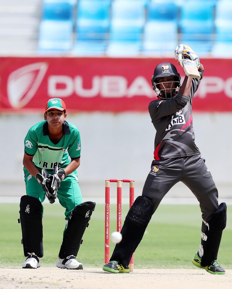 Dubai, United Arab Emirates - April 29, 2019: UAE's Vriitya Aravind Rudhravel bats in the game between UAE U19's and Iran U19's in the Unser 19 Asian Cup qualifiers. Monday the 29th of April 2019. Dubai International Stadium, Dubai. Chris Whiteoak / The National