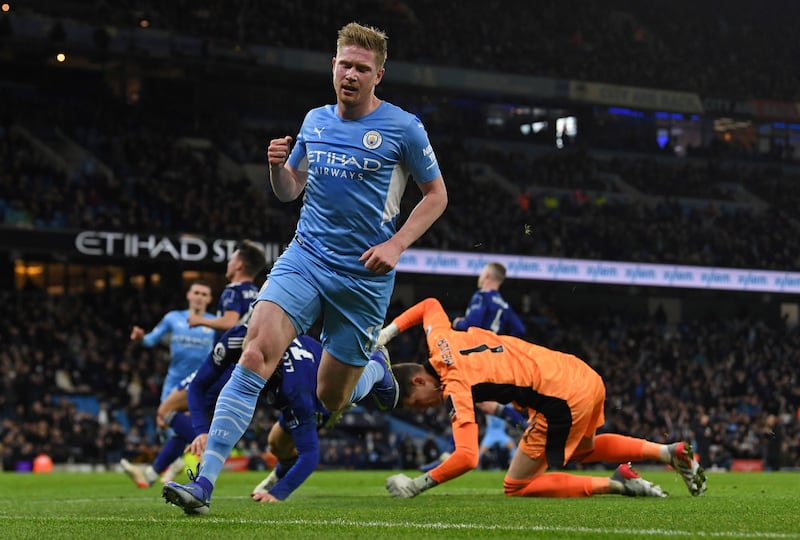 Manchester City's Belgian midfielder Kevin De Bruyne celebrates scoring his team's third goal in their home Premier League match against Leeds on Tuesday night. AFP
