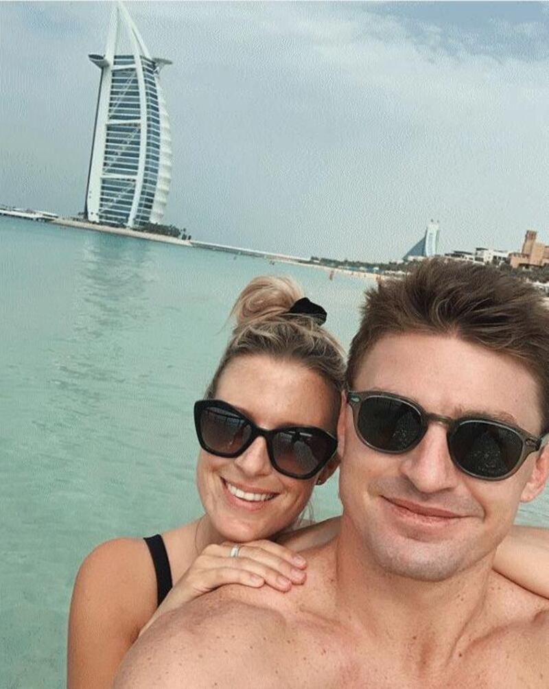 New Zealand rugby star Beauden Barret and his new wife, Hannah, in Dubai on their honeymoon. The pair have been spotted at The Dubai Mall, dining in Rockfish, Jumeirah Al Naseem and swimming with a Burj Al Arab backdrop. Instagram / Beauden Barret