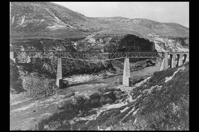 The first and largest Yarmouk Valley Bridge, over the Yarmuk Valley on the Hejaz Railway, Syria, circa 1917. During the Arab Revolt against Ottoman rule, Colonel T E Lawrence tried to destroy this bridge during his first ride through Syria in June 1917. (Photo by Pierre Perrin/Sygma via Getty Images)