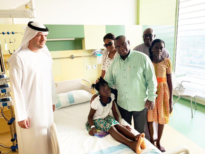 Julius Maada Bio, the President of Sierra Leone, and Fatima Maada Bio, visit 12-year-old Jamie at Al Jalila Children’s Speciality Hospital in Dubai. Courtesy Al Jalila Children’s Speciality Hospital