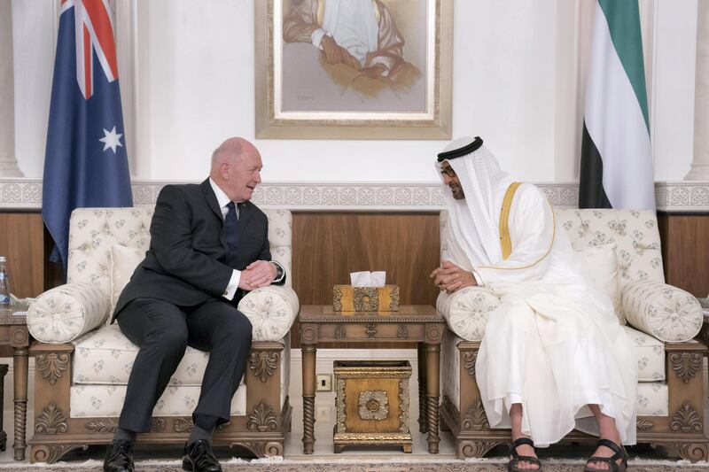 ABU DHABI, UNITED ARAB EMIRATES - October 01, 2017: HH Sheikh Mohamed bin Zayed Al Nahyan, Crown Prince of Abu Dhabi and Deputy Supreme Commander of the UAE Armed Forces (R), meets with His Excellency General the Honourable Sir Peter Cosgrove, Governor-General of Australia (L), at Mushrif Palace. 


( Hamad Al Kaabi / Crown Prince Court - Abu Dhabi )
---