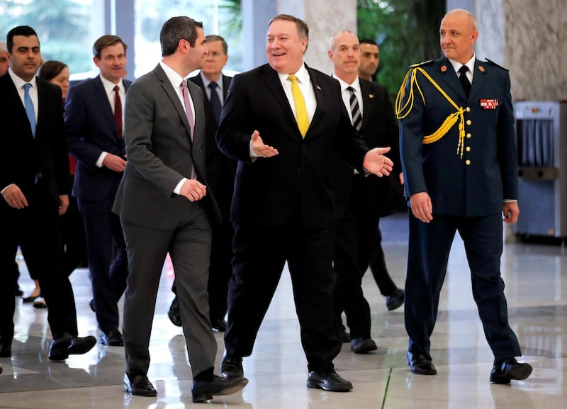 U.S. Secretary of State Mike Pompeo arrives at presidential palace to meet with Lebanon's President Michel Aoun in Baabda, Lebanon March 22, 2019. REUTERS/Jim Young/Pool