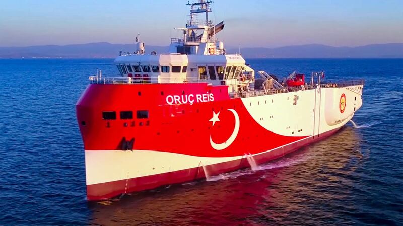 This handout photograph released by the Turkish Defence Ministry on August 12, 2020, shows Turkish seismic research vessel 'Oruc Reis' heading in the west of Antalya on the Mediterranean Sea.  Greek Prime Minister on August 12, 2020 urged Turkey to show "logic" in a naval showdown in the Eastern Mediterranean over energy exploration which he warned could lead to a military accident. Tensions were stoked on August 10 when Ankara dispatched the research ship Oruc Reis accompanied by Turkish naval vessels off the Greek island of Kastellorizo in the eastern Mediterranean.  - RESTRICTED TO EDITORIAL USE - MANDATORY CREDIT "AFP PHOTO / HO / TURKISH DEFENCE MINISTRY" - NO MARKETING - NO ADVERTISING CAMPAIGNS - DISTRIBUTED AS A SERVICE TO CLIENTS
 / AFP / TURKISH DEFENCE MINISTRY / Handout / RESTRICTED TO EDITORIAL USE - MANDATORY CREDIT "AFP PHOTO / HO / TURKISH DEFENCE MINISTRY" - NO MARKETING - NO ADVERTISING CAMPAIGNS - DISTRIBUTED AS A SERVICE TO CLIENTS
