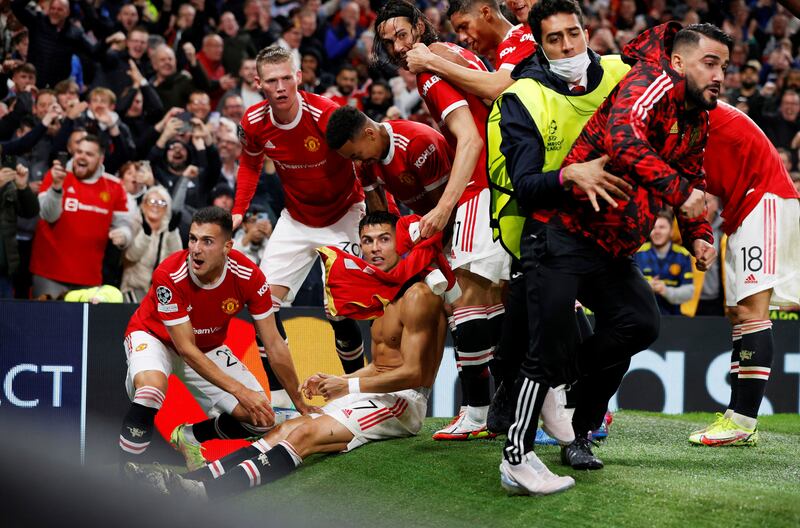 Manchester United's Cristiano Ronaldo celebrates scoring against Villarreal in the Champions League match at Old Trafford in September, 2021. Reuters