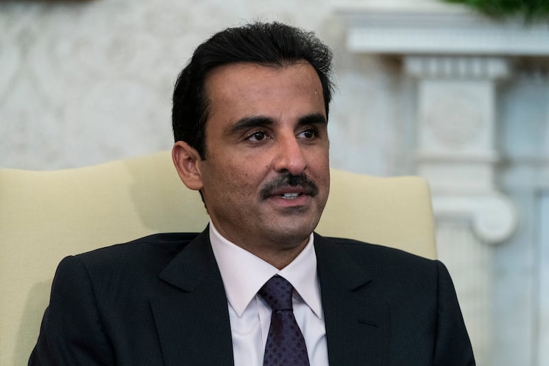 Qatar's Emir Sheikh Tamim during a meeting with US President Joe Biden in the Oval Office. AP