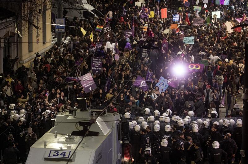 Police move to disperse thousands of people attempting to march down Istanbul's famous Istiklal street during a rally for International Women's Day in Istanbul, Turkey.  Getty Images