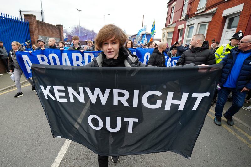 Everton fans protest against the board of directors and owners. AP
