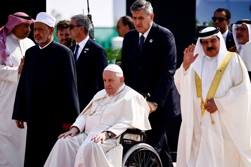 Pope Francis, Bahrain's King Hamad bin Isa Al Khalifa and Grand Imam of Al-Azhar Ahmed Al-Tayeb attend the Bahrain Forum for Dialogue: East and West for Human Coexistence at Al-Fida' Square of Sakhir Royal Palace during Pope Francis' apostolic journey, south of Manama, Bahrain. Reuters
