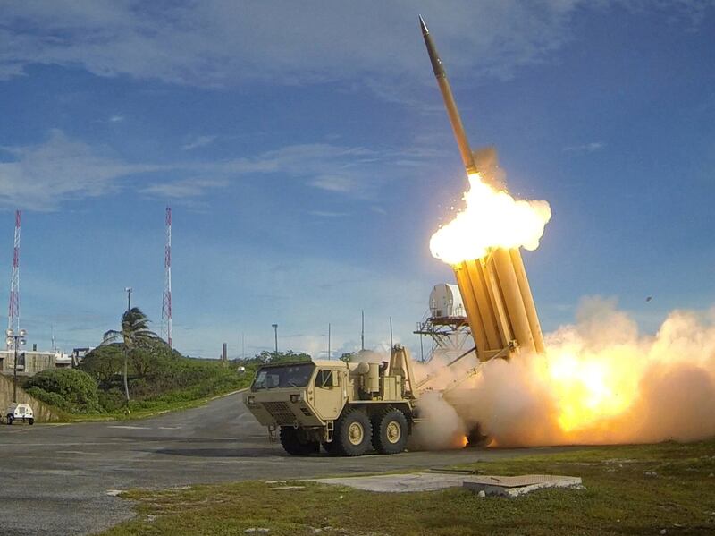 FILE PHOTO: A Terminal High Altitude Area Defense (THAAD) interceptor is launched during a successful intercept test, in this undated handout photo provided by the U.S. Department of Defense, Missile Defense Agency.  U.S. Department of Defense, Missile Defense Agency/Handout via Reuters/File Photo  ATTENTION EDITORS - THIS IMAGE HAS BEEN SUPPLIED BY A THIRD PARTY.