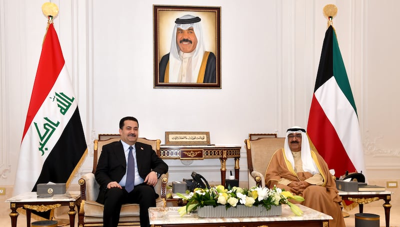 Crown Prince Sheikh Mishal Al-Ahmad Al-Jaber Al-Sabah receives Iraqi Prime Minister Mohammad Shia' Al-Sudani. Photo: Kuwait News Agency