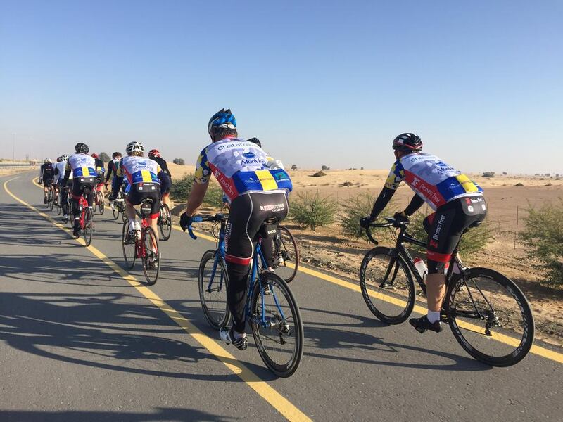 A Cycle Safe Dubai group out on a ride at Al Qudra Cycling Track in Dubai on Friday. Courtesy Cycle Safe Dubai