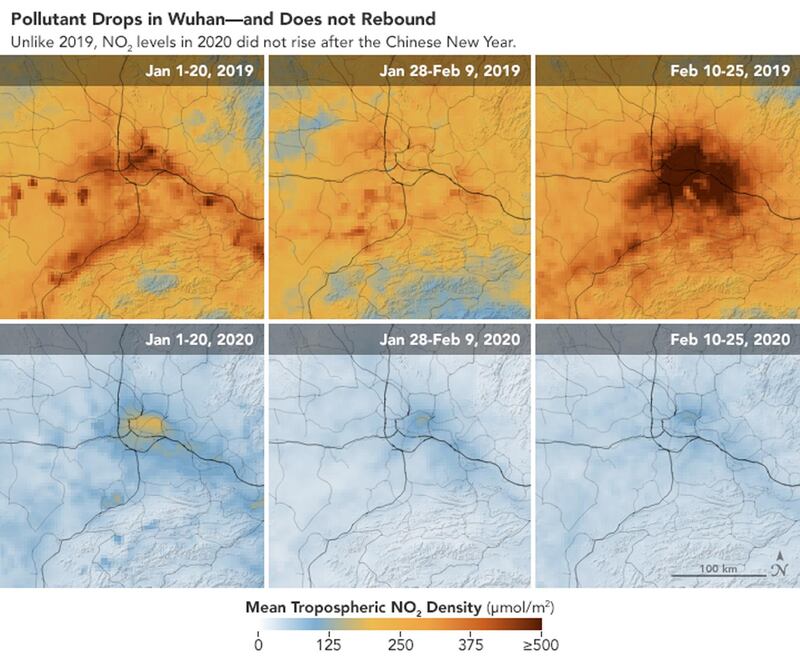 Maps show NO2 values over the Chinese city of Wuhan during three periods in 2020: (L-R, top row) from 01 to 20 January (before Lunar New Year), from 28 January to 09 February (around New Year celebrations), and from 10 to 25 February (after the event). NASA / EPA