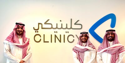 Prince Mohammed bin Abdulrahman with Abdullah bin Sulaiman Alobaid and Saud bin Sulaiman Alobaid, the co-founders of Clinicy. The company is seeking additional funding to support its expansion efforts throughout the kingdom. Photo: Clinicy