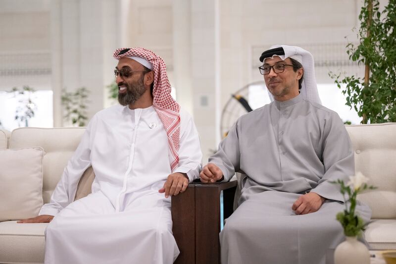 Sheikh Mansour bin Zayed, Vice President, Deputy Prime Minister and Chairman of the Presidential Court, and Sheikh Tahnoun bin Zayed, Deputy Ruler of Abu Dhabi and National Security Adviser, attend the meeting 