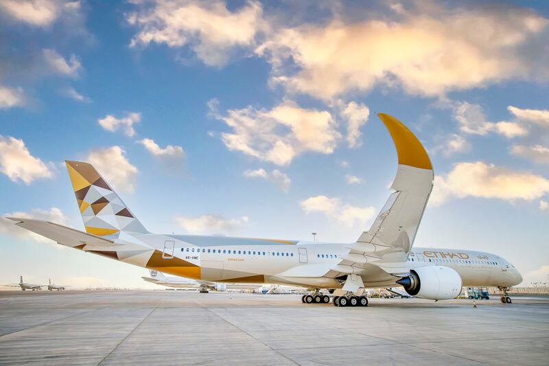 Etihad's A350 has winglet-type devices to reduce aerodynamic drag. 