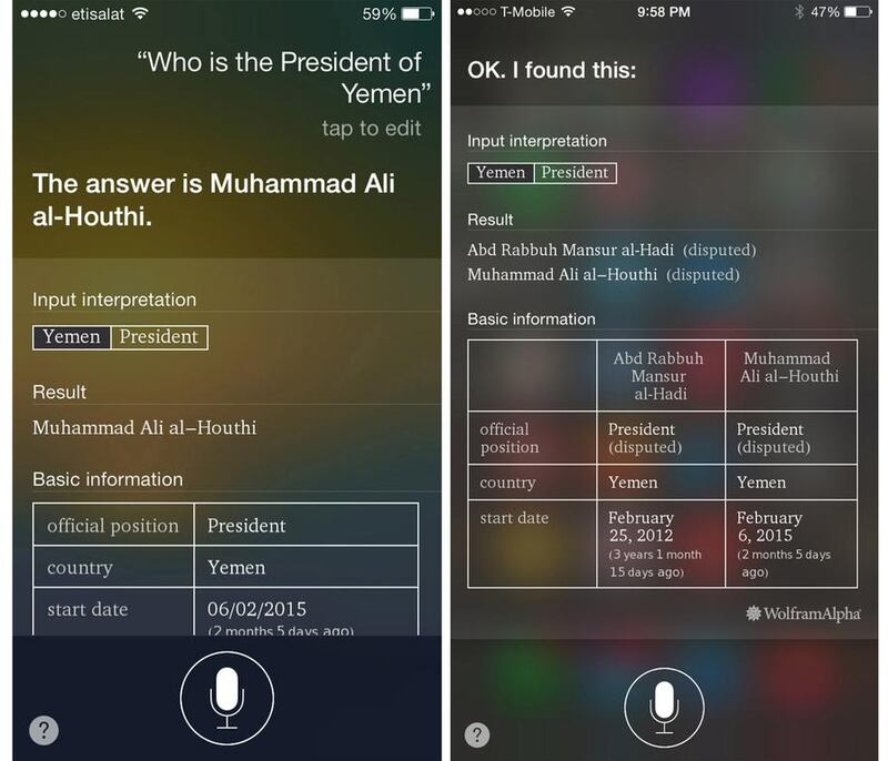 Siri's answer before Saturday night (above left), and the personal assistant programme's response after receiving the query from The National (above right). 