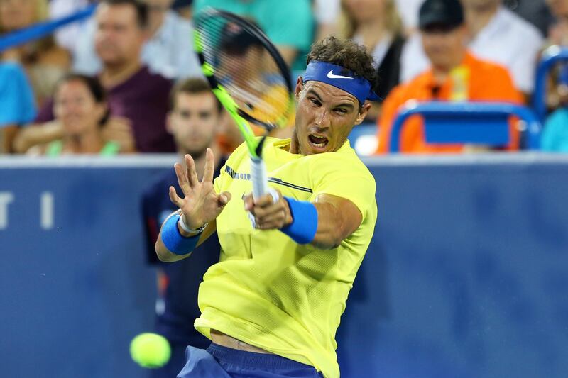 Aug 16, 2017; Mason, OH, USA; Rafael Nadal (ESP) returns a shot against Richard Gasquet (FRA) during the Western and Southern Open at the Lindner Family Tennis Center. Mandatory Credit: Aaron Doster-USA TODAY Sports