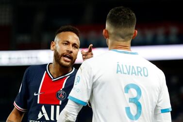 Soccer Football - Ligue 1 - Paris St Germain v Olympique de Marseille - Parc des Princes, Paris, France - September 13, 2020 Paris St Germain's Neymar clashes with Olympique de Marseille's Alvaro Gonzalez REUTERS/Gonzalo Fuentes