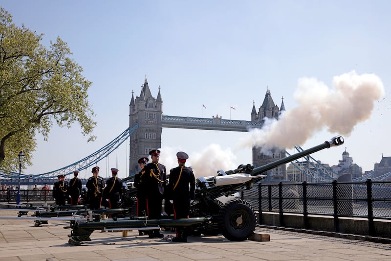 The Honourable Artillery Company fires a 62-Gun Royal Salute from Tower Wharf in London. Getty Images