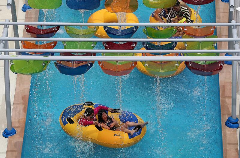 DUBAI , UNITED ARAB EMIRATES , MAY 12 – 2018 :- People enjoying in the Laguna Waterpark in La Mer in Dubai.  ( Pawan Singh / The National )  For News/ Big Picture / Weekend. Story by Salam Al Amir