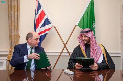 Britain's Defence Minister Ben Wallace and Saudi Defence Minister Prince Khalid bin Salman at the signing of a plan for defence co-operation in London. Photo: Spa twitter