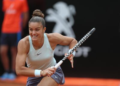 ROME, ITALY - MAY 18:  Maria Sakkari of Greece in action against Karolina Pliskova of Czech Republic in their Women's singles semi-final match during Day seven of the International BNL d'Italia at Foro Italico on May 18, 2019 in Rome, Italy.  (Photo by Paolo Bruno/Getty Images)