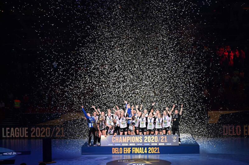 Vipers Kristiansand's players celebrate after beating Brest Bretagne Handball in the EHF Women's Champions League final against at the Papp Laszlo Arena in Budapest on Sunday, May 30. AFP