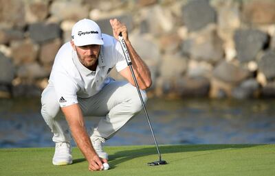 KING ABDULLAH ECONOMIC CITY, SAUDI ARABIA - FEBRUARY 02:  Dustin Johnson on the par five 18th hole during the third round of the Saudi International at the Royal Greens Golf & Country Club on February 02, 2019 in King Abdullah Economic City, Saudi Arabia. (Photo by Ross Kinnaird/Getty Images)