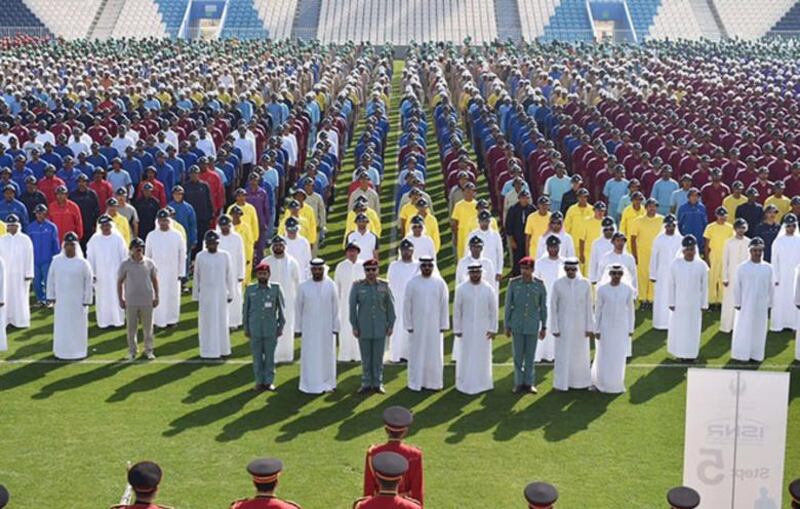 Largest gathering of people wearing helmets: On March 13, 2016, 3,929 ­people donned safety helmets at Baniyas Stadium in Abu Dhabi to create a formation depicting the UAE’s flag. Organised by the Ministry of Interior, the participants – men and women – were students from various police academies across the country, as well as members of the public. Courtesy Guinness World Records