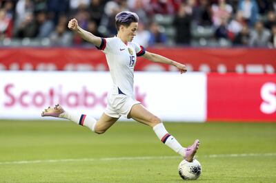 CARSON, CA - FEBRUARY 09: Megan Rapinoe #15 of USA kicks the ball during the Final game between Canada and United States as part of the 2020 CONCACAF Women's Olympic Qualifying at Dignity Health Sports Park on February 9, 2020 in Carson, California. (Photo by Omar Vega/Getty Images)