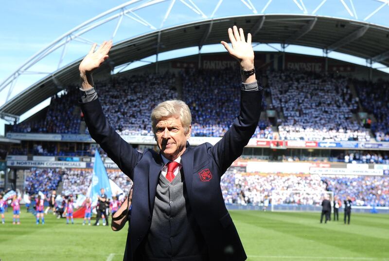 epa06733399 Arsenal manager Arsene Wenger salutes fans during the English Premier League soccer match between Huddersfield Town and Arsenal FC in Huddersfield, Britain, 13 May 2018.  EPA/RUI VIEIRA EDITORIAL USE ONLY. No use with unauthorised audio, video, data, fixture lists, club/league logos 'live' services. Online in-match use limited to 75 images, no video emulation. No use in betting, games or single club/league/player publications.