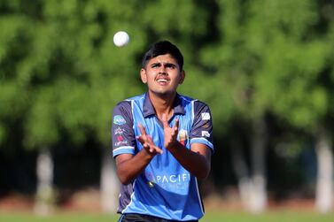 Ajman, United Arab Emirates - December 02, 2020: Sport. King's Aryan Lakra in the game between Team MGM v Kings in the Ajman T10 Talent Hunt League. Wednesday, December 2nd, 2020 in Ajman. Chris Whiteoak / The National