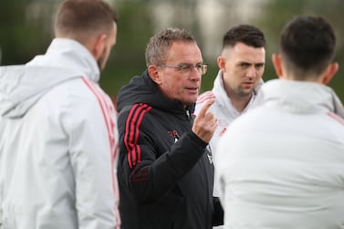 MANCHESTER, ENGLAND - APRIL 13: (EXCLUSIVE COVERAGE) Interim Manager Ralf Rangnick of Manchester United in action during a first team training session at Carrington Training Ground on April 13, 2022 in Manchester, England. (Photo by Tom Purslow/Manchester United via Getty Images)