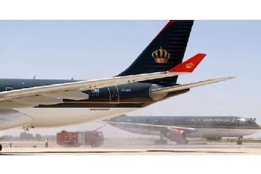 The tailfin of a Royal Jordanian jet. Chief executive Stefan Pichler said th company expects to turn a profit in 2019. It is in the midst of a five-year turnaround programme which began in 2017. Salah Malkawi / The National