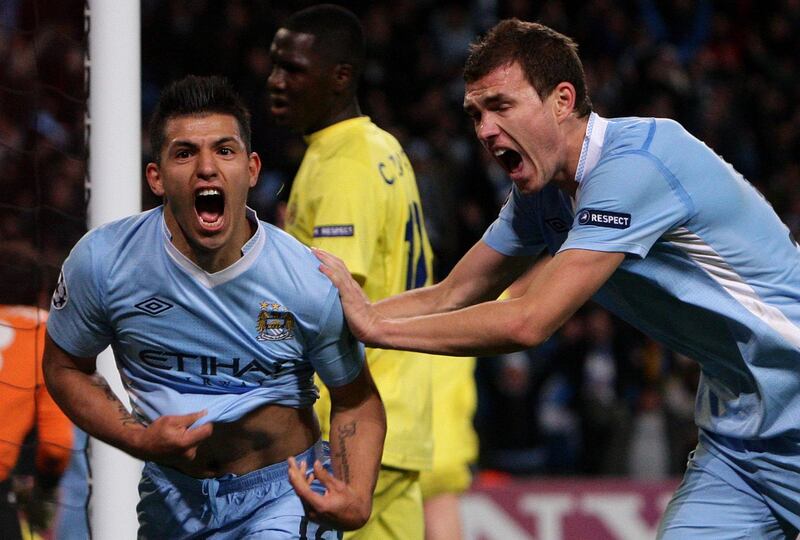 Manchester City's Sergio Aguero celebrates scoring against Villarreal in the Uefa Champions League match at the Etihad Stadium in October, 2011. PA