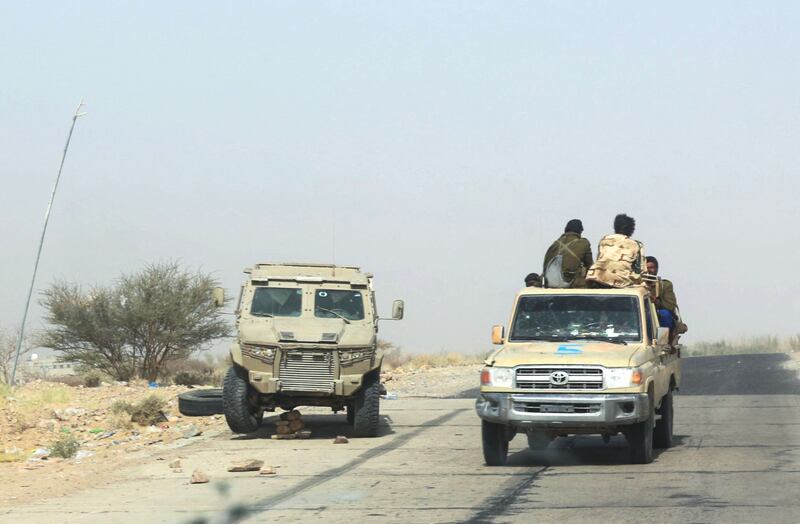 Fighters from the pro-government Giants Brigades on patrol in Yemen’s Shabwa governorate. AFP
