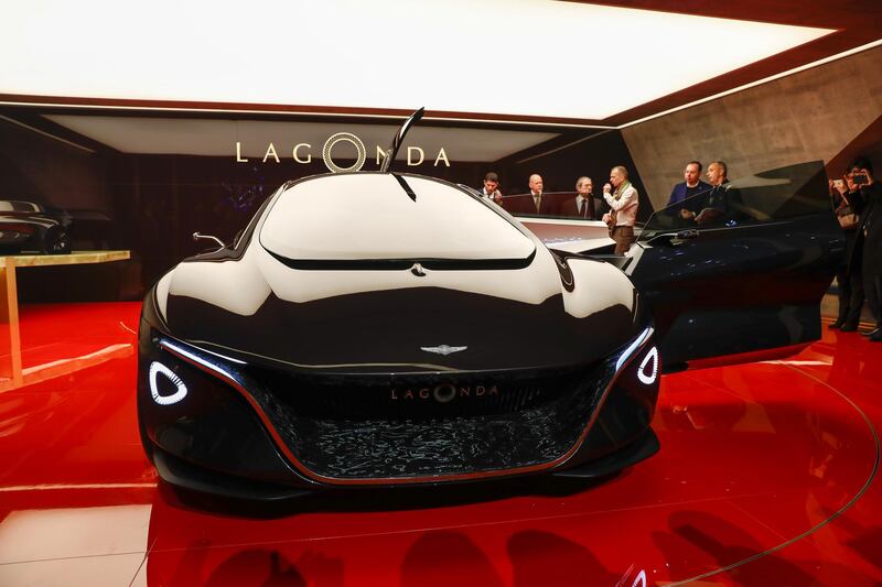 The Aston Martin Lagonda automobile sits on display after its unveiling on the Aston Martin Lagonda Ltd. stand on the opening day of the 88th Geneva International Motor Show in Geneva, Switzerland, on Tuesday, March 6, 2018. The show opens to the public on March 8, and will showcase the latest models from the world's top automakers. Photographer: Stefan Wermuth/Bloomberg
