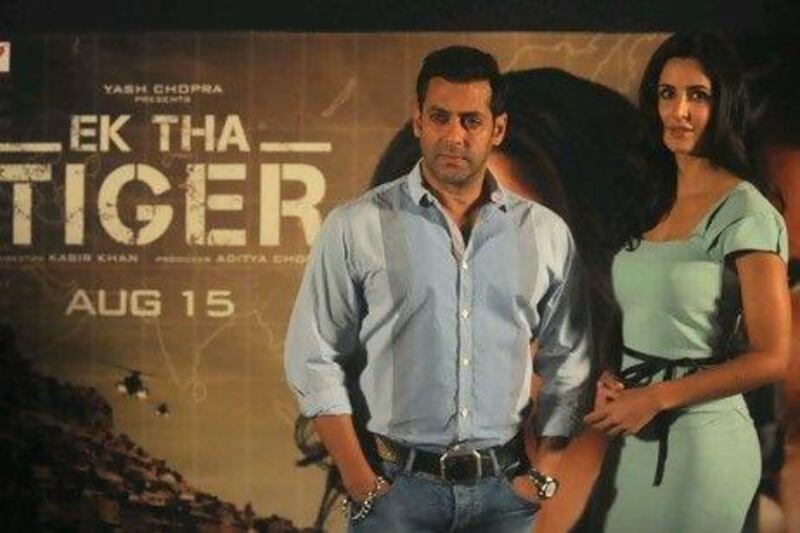 Salman Khan and Katrina Kaif at a promotional event for their forthcoming spy thriller Ek Tha Tiger. Punit Paranjpe / AFP
