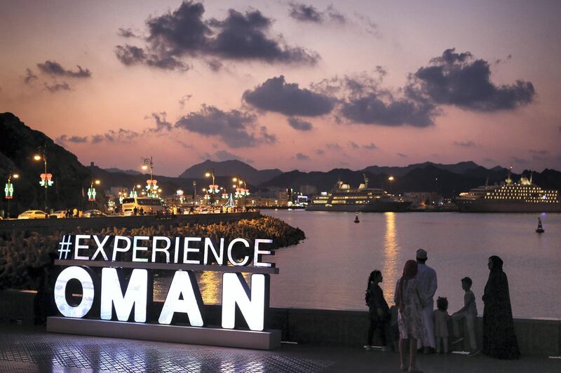 An illuminated sign #ExperienceOman can be see along the Mutrah Corniche in Muscat, the capital city of Oman.