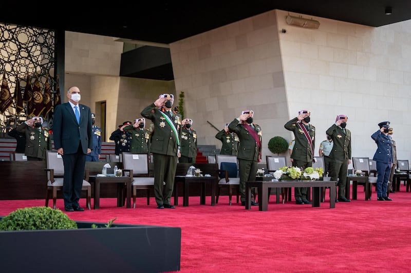 King Abdullah II, the Supreme Commander of the Jordan Armed Forces-Arab Army, accompanied by Crown Prince Al Hussein, attends JAF and security agencies’ ceremony marking the state’s centennial. Courtesy Royal Hashemite Court