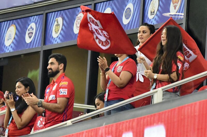 KXIP Owner Priety Zinta and supporters during match 38 of season 13 of the Dream 11 Indian Premier League (IPL) between the Kings XI Punjab and the Delhi Capitals held at the Dubai International Cricket Stadium, Dubai in the United Arab Emirates on the 20th October 2020.  Photo by: Samuel Rajkumar  / Sportzpics for BCCI
