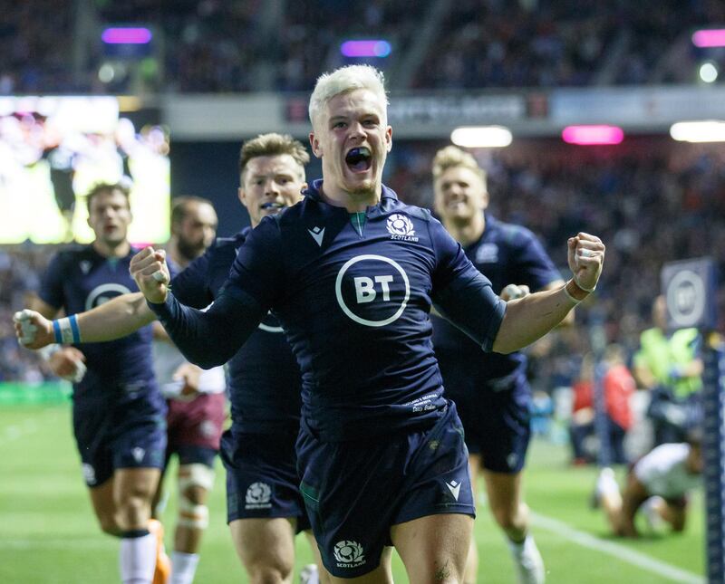 EDINBURGH, SCOTLAND - SEPTEMBER 06: Darcy Graham of Scotland scores try during the international match between Scotland and Georgia at Murrayfield on September 6, 2019 in Edinburgh, United Kingdom. (Photo by Robert Perry/Getty Images)