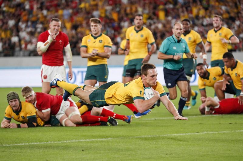 Australia's full-back Dane Haylett-Petty scores a try against Wales. AFP