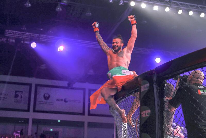 Abu Dhabi, United Arab Emirates, October 4, 2019.   --  Brave Combat Federation 27 at the Mubadala Arena.
Middleweight:
Mohammad Fakhreddine (LEB) takes the win against Christofer Silva (BRA) in the  first round.
Victor Besa / The National
Section:  SP
Reporter:  Amith Passela