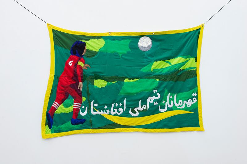 'The National Championship Team of Afghanistan', a textile installation by Hangama Amiri. Photo: Hangama Amiri / The Arts Club Dubai